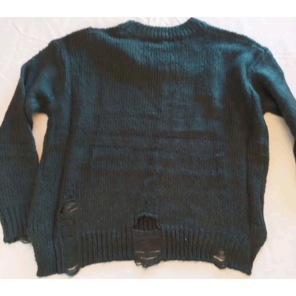 Olivaceous Forest Green Distressed Crew Neck Sweater M Hi-lo Hem Wool Blend - Picture 2 of 6